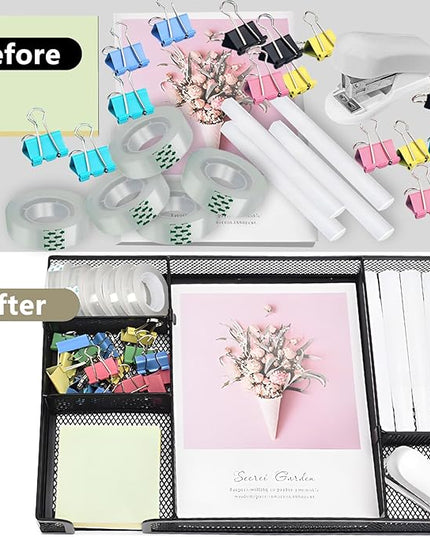 Black Office Desk Accessories, Black Office Supplies Set, Desk Drawer Organizer,Stapler and Tape Dispenser Set,Tape,Staple Remover, Staples, Paper Clips, Scissor and Sticky Note