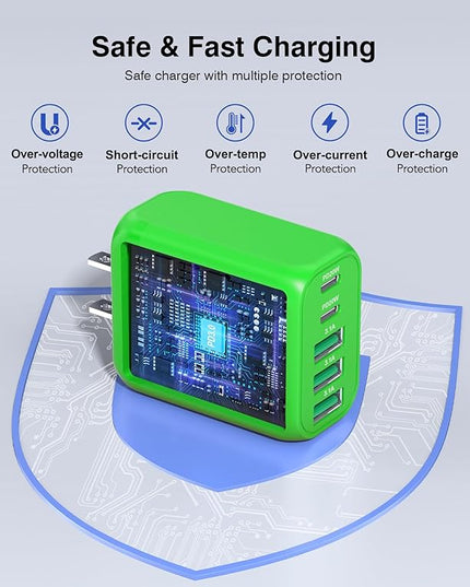 60W USB C Wall Charger Block,5-Port C Charger Fast Charging Block PD Power Adapter +QC 3.0 Multiport Type C Box Charger Cube USB A Wall Plug for iPhone 14/15/16/17 Pro Max Plus,Samsung(Green)(2-Pack)