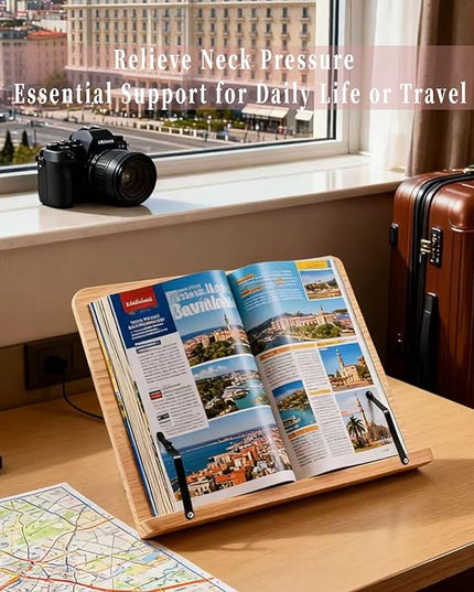 Reading Rack Wooden Bookshelf - Book Stand Foldable with 8 Adjustable Positions and Page Clips,Suitable for cookbooks、iPads、laptops、Sheet Music、and Reading Stands(13.4x9.45inch)