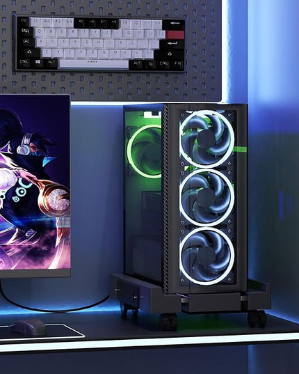Computer Tower Stand with Charging Station, Cooler Fan and Light, Adjustable PC Stand for Floor, Mobile CPU Stand with 4 Caster Wheels, Under Desk CPU Holder Fits Most PC Tower
