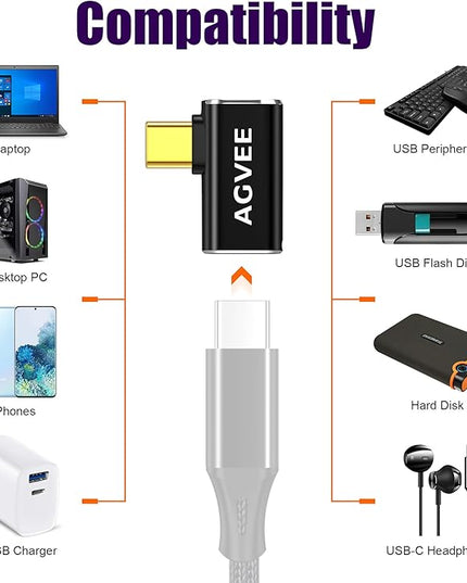 AGVEE 2 Pack Side Angle USB4 USB-C Male to USB-C Female Adapter Converter Video USB 4.0 240W 40G Data Extension Coupler Connector, Black