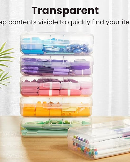 Sooez Plastic Pencil Case Box 6 Pack, Large Craft Storage Boxes Bulk, Plastic Containers with Snap-tight Lids, Hobby Art School Supply 0rganizer, Marker Bead Pen Bins Organizer,Stackable, Multicolor