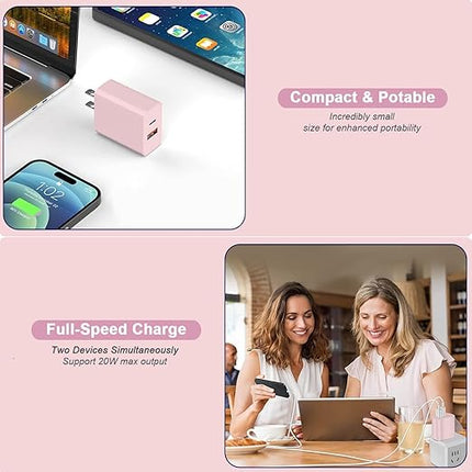 10FT iPhone 17/16e Fast Charger,2Pack 20W Dual Port USB A+C QC Apple Adapter with 10 Foot USB C to C Fast Charging Cable Cord for iPhone 17Air/17Pro/17Pro Max/16/16Pro/15/15Pro/Pro Max/Plus(Blue/Pink)