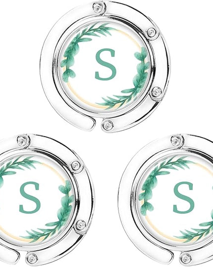 Iqimott 3pcs Personalized Initial Foldable Purse Hook for Table, Flower Letter Folding Handbag Hanger Portable Magnet Table Hook Holder, Collection Desk Purse Hooks for Women Bag (Green-S)