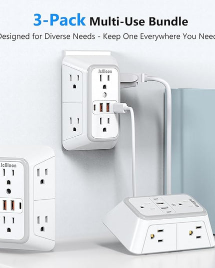 3 Pack Surge Protector Outlet Extender, 6 Outlet Splitter with 4 USB Ports (2 USB C), Multi Plug Wall Outlet 1050J Power Strip, USB Wall Charger for Home Office Kitchen Travel