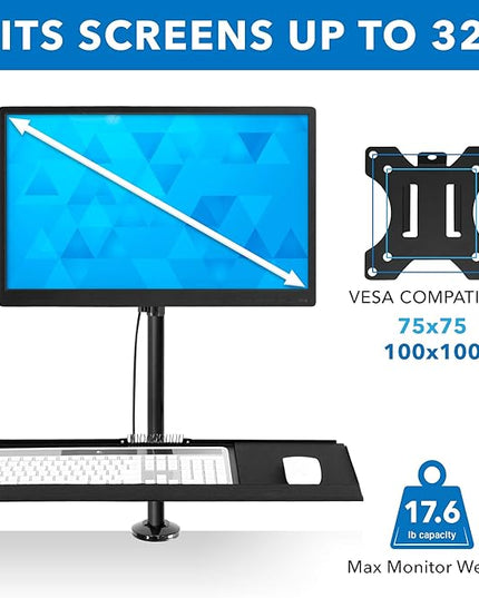 MOUNT-IT! Sit Stand Monitor Desk Mount [Fits 32" Screens] Height Adjustable, Full-Motion Articulating Arm with Keyboard Tray and Cable Management (Black)