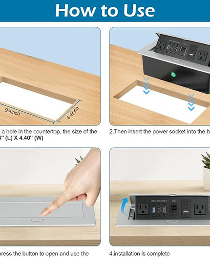 Table Pop up Power Strip Box Desktop Pop Up Outlet Recessed Multimedia Strip Socket Conference Table Power Hub Hidden Table Connection Box with Outlet Network HDMI for Office Desk (Sliver-D)