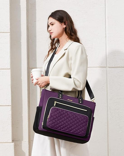 LOVEVOOK Teacher Tote Bag for Women Work, Laptop Bag Work Tote Bag Nurse Bags With Large Cup Holder, Professional Computer Briefcase Business Large Purses Handbag, Diaper Bag Mother Gift, Black-Purple