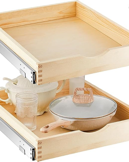 Menkxi 2 Set Pull out Tray Cabinet Organizer Wooden Pull Drawers storage Slide out Pantry Shelf for Base Cabinet Kitchen Gentle Close Fully Assembled Accessories(Wood Color,18'' X 21'' X 3'')