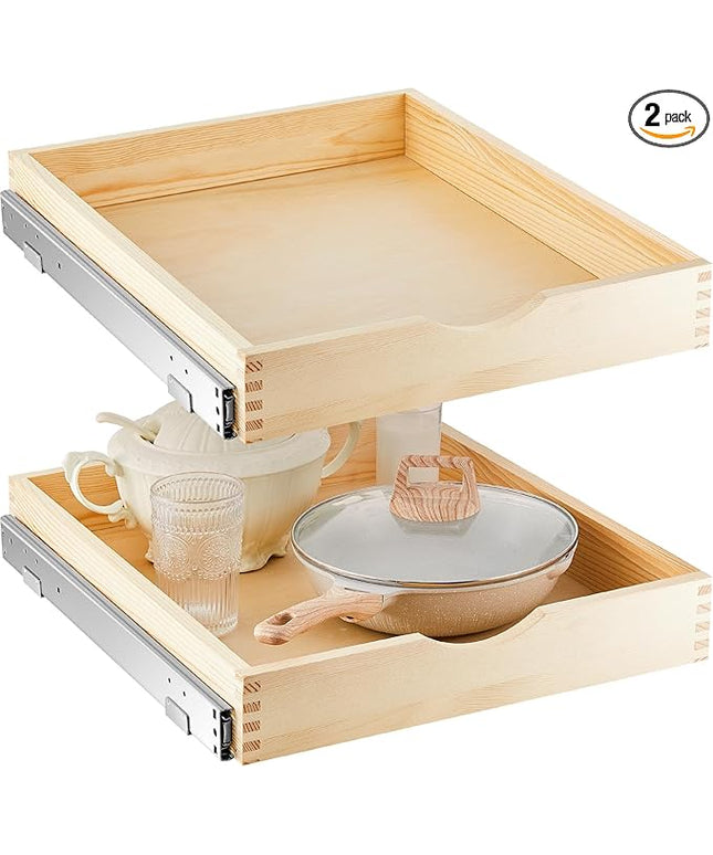 Menkxi 2 Set Pull out Tray Cabinet Organizer Wooden Pull Drawers storage Slide out Pantry Shelf for Base Cabinet Kitchen Gentle Close Fully Assembled Accessories(Wood Color,18'' X 21'' X 3'')