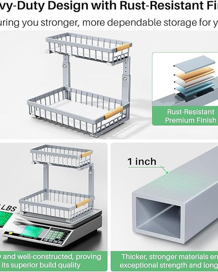 Kitstorack Under Sink Organizer, 2 Packs 2 Tier Under Sink Organizers and Storage, Slide out Pull out Cabinet Organizer Shelf, Metal Sliding Drawer for Kitchen Bathroom Pantry Closet Rack(Grey)