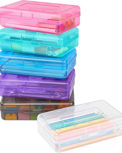 Sooez Plastic Pencil Case Box 6 Pack, Large Craft Storage Boxes Bulk, Plastic Containers with Snap-tight Lids, Hobby Art School Supply 0rganizer, Marker Bead Pen Bins Organizer,Stackable, Multicolor