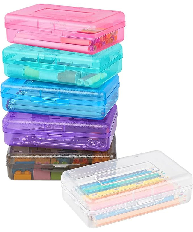Sooez Plastic Pencil Case Box 6 Pack, Large Craft Storage Boxes Bulk, Plastic Containers with Snap-tight Lids, Hobby Art School Supply 0rganizer, Marker Bead Pen Bins Organizer,Stackable, Multicolor