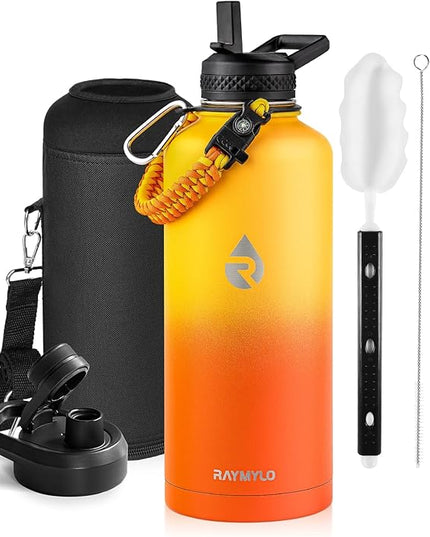 Insulated Water Bottle 87 oz, Triple Wall Vacuum Stainless Steel (Cold for 48 Hrs), Leak Proof & Non-BPA, Modern Water Flask Jug with Paracord Handle & Straw Spout Lids, Ombre Orange