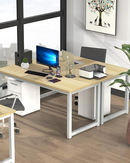 NSdirect 63" Computer Desk,Large Home Office Desk Wide Workstation 1 inch Thicker Tabletop for Writing,Games and Home Work PC Desk Modern Finish Wood Board and Sturdy Steel Legs,Oak+White