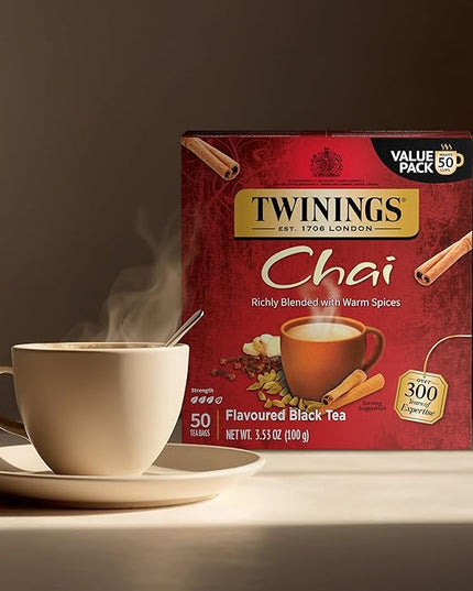 Twinings Chai Black Tea Individually Wrapped Bags, 50 Count (Pack of 6), Sweet, Savoury Spices, Caffeinated, Enjoy Hot or Iced, 300 Teabags