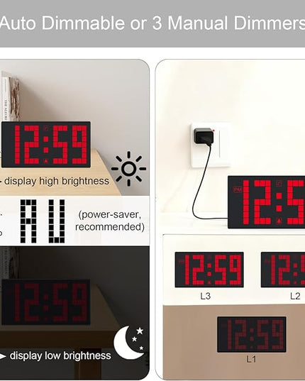 KWANWA Digital Alarm Clock with Auto-Dimmable LED Pixel Display, Weekend Alarm Mode, Plug-in Power with Battery Backup, DST Adjustment, Small Clock for Bedroom Desk (Red LED)