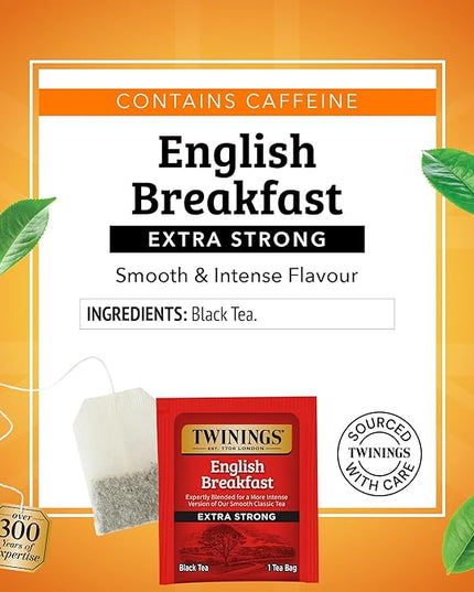 Twinings Extra Strong English Breakfast Black Tea Individually Wrapped Bags, 20 Count (Pack of 6), Robust, Caffeinated, Enjoy Hot or Iced, 120 Teabags