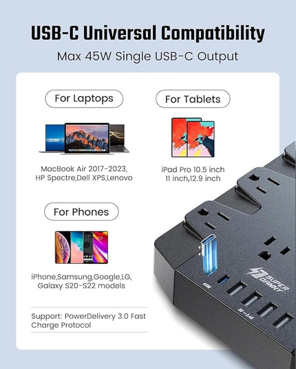SUPERDANNY Power Strip Surge Protector with 15ft Extension Cord - 22 Outlets, 6 USB Ports, 45W Fast Charging - 1875W/15A, 2100J, 45°Plug, Mountable - Ideal for Home, Office, Gaming, PC, Streaming