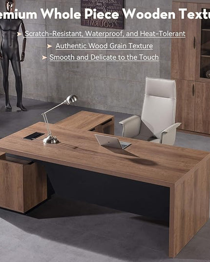 Retractable L-Shaped Executive Desk, Modern Office Desk with Drawers and Lateral File Cabinet, Large Computer Desk with Storage Shelves, Workstation for Home Office (Right Return, 86.6 - 94.5 IN)