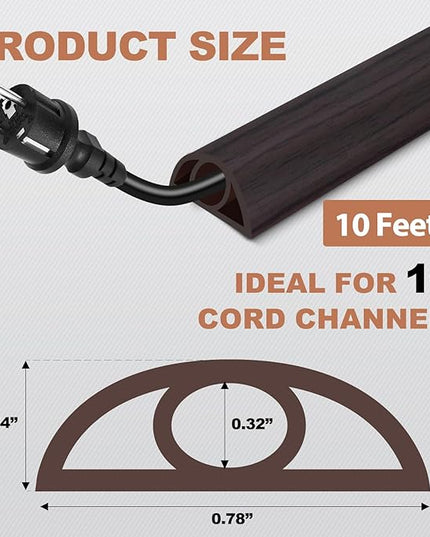 Floor Cord Cover for Wires on Floor Self Adhesive Cord Hider Floor Cable Management Wire Covers for Cords Protector Prevent Cable Trips Cord Cavity W 0.32" x H 0.32", Black Walnut, 10Ft