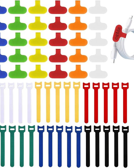 60 Pack Reusable Cable Labels & Cord Organizer Kit – Color-Coded Write-On Wire Labels with Marker + 30 Ties for Home Office Electronics Cord Management