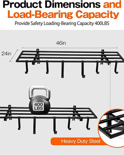 Garage Wall Shelving, 1X4 ft Garage Storage Rack,Heavy Duty Wall Mounted Storage Shelf With 12 Hooks-Each Loads 200lbs Metal Wall Shelf,Black,2Pack