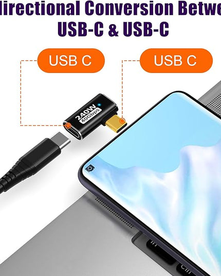 AGVEE 2 Pack Side Angle USB4 USB-C Male to USB-C Female Adapter Converter Video USB 4.0 240W 40G Data Extension Coupler Connector, Black