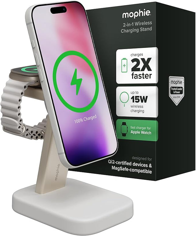 Mophie 2-in-1 Wireless Charging Stand - Qi2-Certified, MagSafe Charger for iPhone & Apple Watch – Fast Charging Station with Adjustable Phone Stand & Cable Management – Up to 15W Power