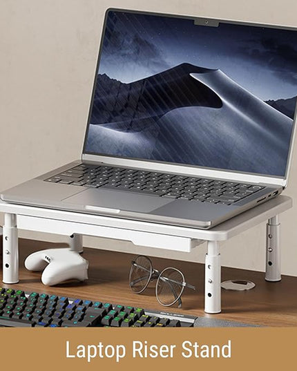 Metal Monitor Stand Monitor Riser with Drawer, 3 Adjustable Height Computer Stand Riser, Office Desk Accessories Workspace Desktop Organizers Storage for Lap (White)