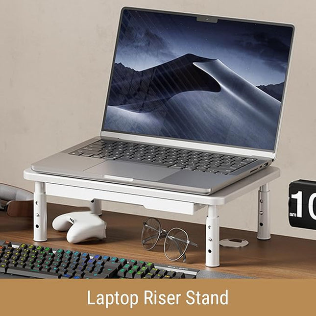 Metal Monitor Stand Monitor Riser with Drawer, 3 Adjustable Height Computer Stand Riser, Office Desk Accessories Workspace Desktop Organizers Storage for Lap (White)
