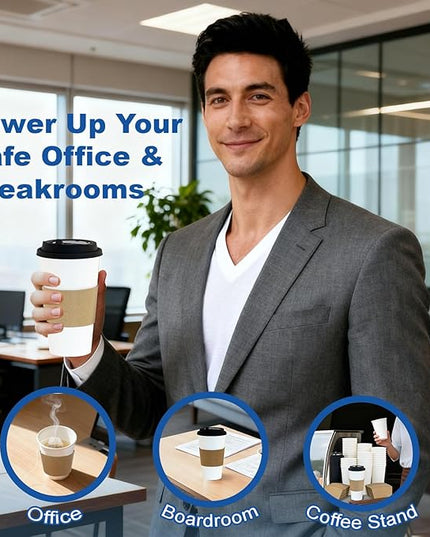 Coolcap 12 oz 500 Pack Coffee Cups with Lids and Sleeves, Straws, Hot Disposable To Go Travel Paper Cups Bulk for Office, Home Coffee Bar Accessories, Chocolate, Cocoa, Beverage (White)