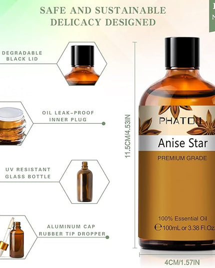 Anise Star 3.38fl.oz Essential Oil, PHATOIL Pure Aromatherapy Oils for Diffuser, Humidifier, Perfect for DIY Soap, Candle, Bath Bombs Making(100ml)