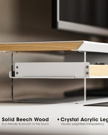 Fenge Dual Monitor Stand with Drawer, 42.5 Inch Large Monitor Riser with Acrylic Legs Supports, Computer Stand for Desk, 2 Tier Wood Desk Shelf with Storage Organizer for PC, Laptop, Printer, TV