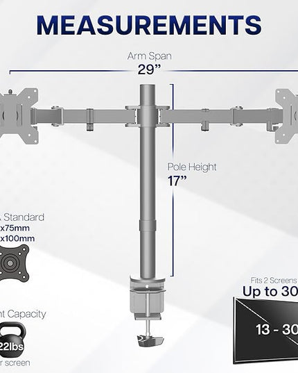 VIVO Dual Monitor Desk Mount, Heavy Duty Fully Adjustable Steel Stand, Holds 2 Computer Screens up to 30 inches and Max 22lbs Each, Gray Color, STAND-V002-GY