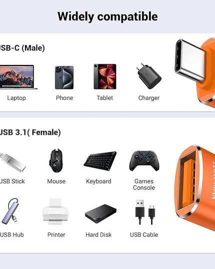 Pastall 10 Pack 10Gbps/120W USB C to USB3.1 Adapter, Orange Type C Male to USB Female Adapter for Smartphone, PC, Laptop, Tablet, Keyboard etc.