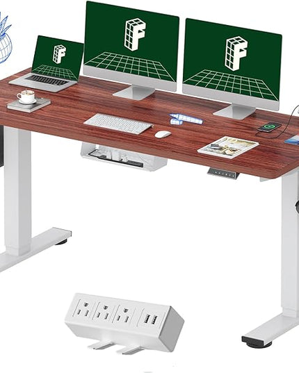 FLEXISPOT EN2 Whole-Piece Standing Desk with Clamp Power Strip, 60 x 24 Electric Stand Up Height Adjustable Desk with Cable Management (White Frame + 60" Mahogany Desktop, 2 Packages)