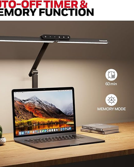 Honeywell LED Desk Lamp with Clamp - HJ1 Sunturalux Eye-Caring Clip on Lights for Home Office, 1200LM Clamp Lamp 4 Color Modes Stepless Dimming Task Desk Light for Working Black