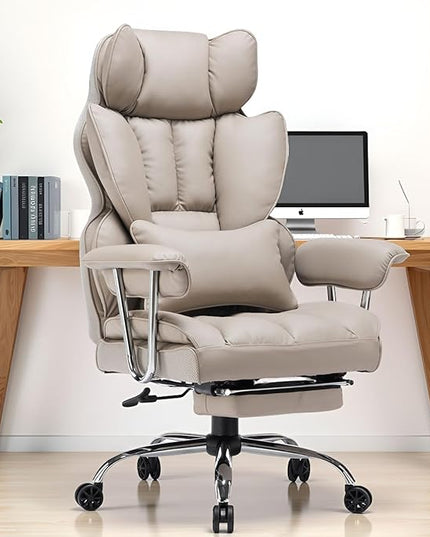Efomao Big and Tall Office Chair 400lbs – PU Leather Executive Office Chair with Lumbar Support & Leg Rest, Heavy-Duty Computer Chair for Home Office, Grey