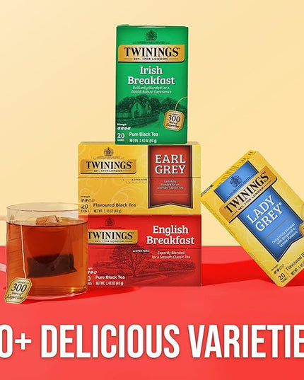 Twinings Variety Pack Black Tea Bags, 20 Count (Pack of 4), Includes English Breakfast, Earl Grey, Irish Breakfast, and Lady Grey, Caffeinated, Enjoy Hot or Iced, 80 Teabags