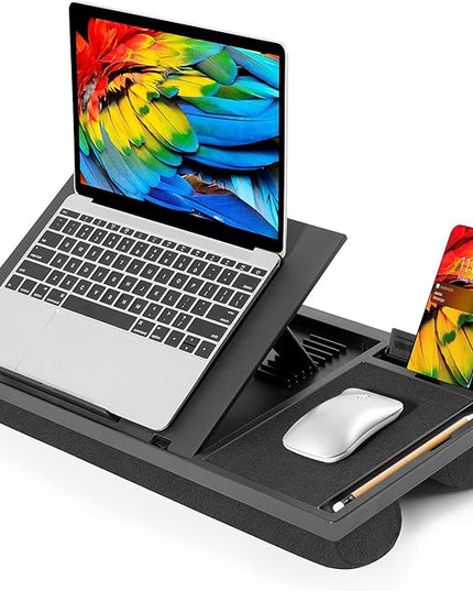 LORYERGO Adjustable Laptop Desk with Cushion, Mouse Pad & Cellphone Slot - Laptop Stand for Bed & Couch, Lap Desk for Home & Office (Black)