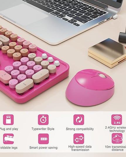 Wireless Keyboard and Mouse Combo, Ergonomic Full Size Typewriter Retro Round Keycaps Keyboard, Compatible with Windows, PC, Perfer for Home and Office Keyboards （Red）