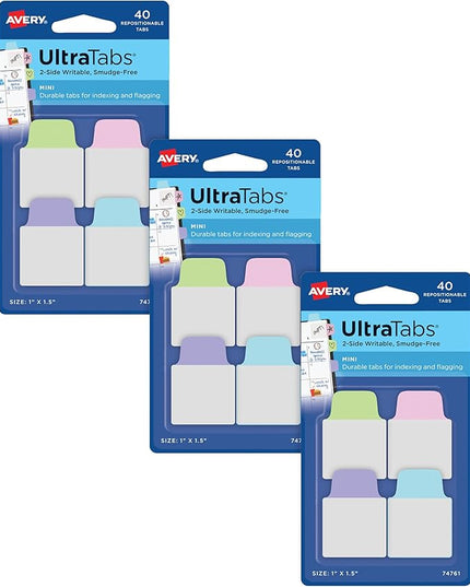Avery Ultra Tabs, Mini Tabs, 1" x 1.5", 2-Side Writable, Assorted Pastel Colors, Self Adhesive, Repositionable, 40 Per Pack, 120 Total (3-Pack of 74761)