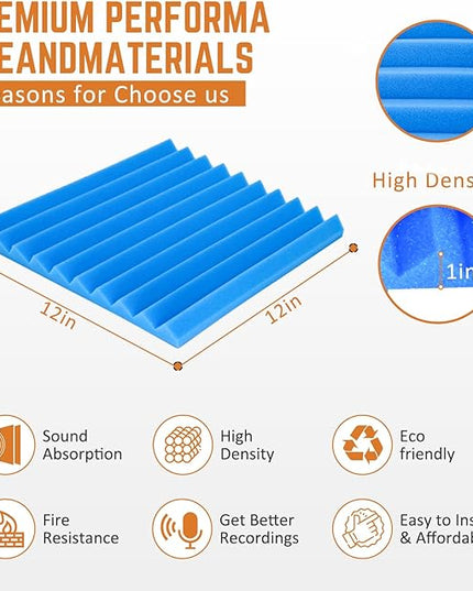 12Pack Blue Acoustic Foam Panels 1" x 12"x 12" Soundproof Panels Sound Proof Foam Panels Noise Absorbing Sound Proof Acoustic Treatment Foams for Home Wedges