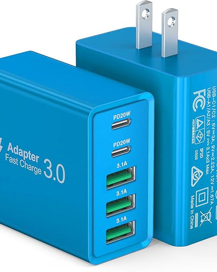 [2-Pack] USB C Wall Charger, 60W USB C Charger Block 5-Port PD Fast Charging Blocks,2USB C+3USB A Multiport Plug,Type C Power Adapter Brick Cube for iPhone17/16/15/14/Pro,iPad,Samsung,for Switch（Blue）