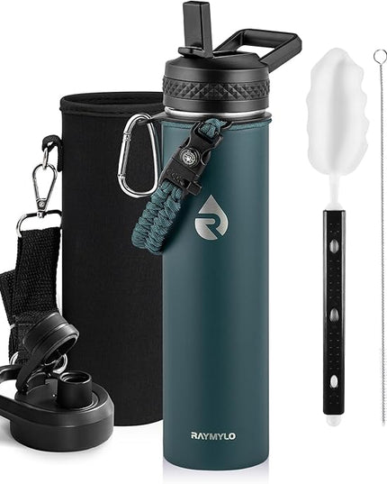 Insulated Water Bottle 24oz, Triple Wall Vacuum Stainless Steel (Cold for 48 Hrs, Hot for 24Hrs), Leak Proof & Non-BPA, 24oz Hydro Water Flask with Paracord Handle & Straw Spout Lids