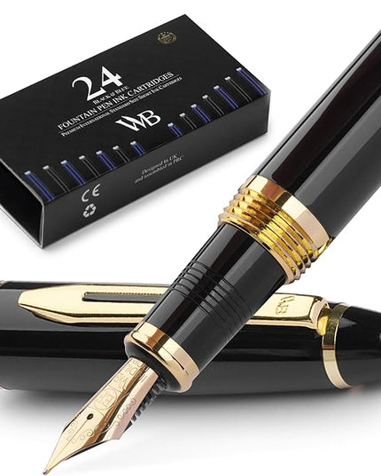 Wordsworth & Black Majesti Fountain Pen-(Black) Luxury Case, 24K Gold Finish; 18K Gilded Extra Fine Nib- Ink Cartridges, Refillable Ink Converter-Calligraphy Pen-Best Business Gift Set for Men & Women