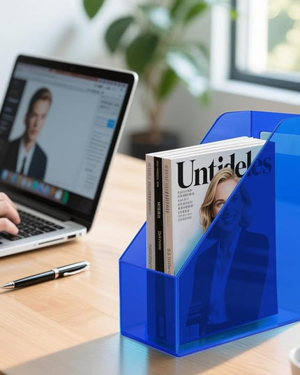 Acrylic Magazine Rack Desk File Holder Organizer for Office Desktop Vertical Magazine Storage Box, 12 x 10 x 5'', Klein Blue
