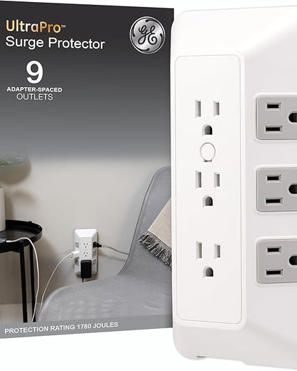 GE 9-Outlet Surge Protector, Multi Plug Outlet Extender, Wall Tap, Adapter Spaced, for Home, School, and Office, 1780 Joules, White/Gray - 73628
