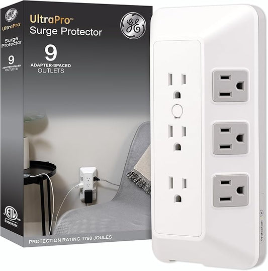 GE 9-Outlet Surge Protector, Multi Plug Outlet Extender, Wall Tap, Adapter Spaced, for Home, School, and Office, 1780 Joules, White/Gray - 73628